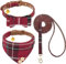 Hundehalsband und Leine mit Fliege, Set für kleine Hunde – Welpenleine Halsbänder klassisch beige kariert – verstellbare Größe mit Goldener Glocke – perfekt für mittelgroße Rassen Jungen