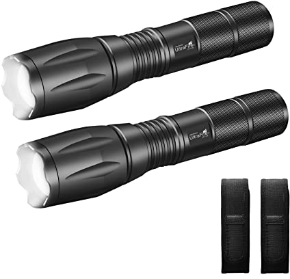 ULTRAFIRE Paquete de 2 linternas LED tácticas con funda para linterna, 1200 lúmenes, superbrillante, con zoom, 3 modos, linterna pequeña y funda de linterna, linterna AAA, impermeable IP65