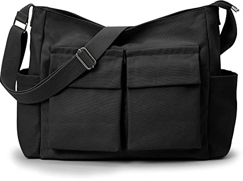 KALIDI Canvas-Tragetasche, Kuriertasche, große Crossbody-Tasche für Damen oder Herren, lässige Canvas-Umhängetasche für College, Arbeit, Alltag, Schwarz