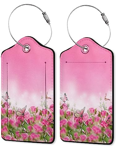 Lot de 2 étiquettes de bagage en cuir pour valise, papillon rose, fleurs, étiquettes uniques avec protection de confidentialité et boucle en acier inoxydable pour femmes et hommes, étiquettes de