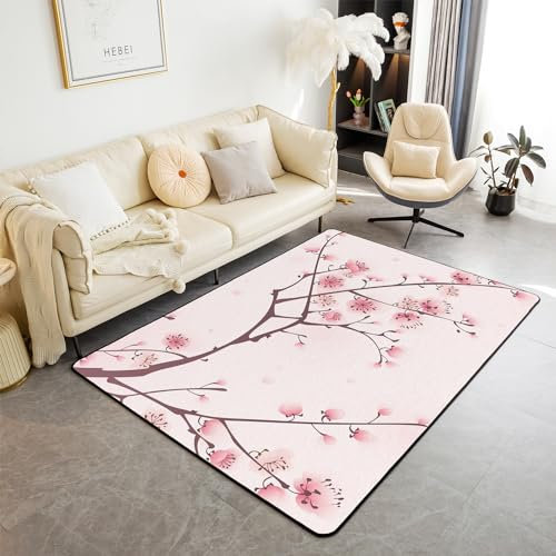 Homewish Tapis de Salon 100x150 Fleurs de Cerisier, Tapis Antidérapant Floral Rose pour Filles, Tapis de Chevet Japonais de Printemps, Tapis de Pétales de Fleurs Rose Pâle, Tapis Branche Flore