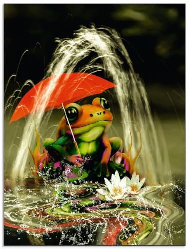 ARTland Wanddeko Glasbilder Wandbild Glas Bild einteilig 60x80 cm Hochformat Frosch Regenschirm Seerose Blumen Märchen Garten Fantasy U4VR