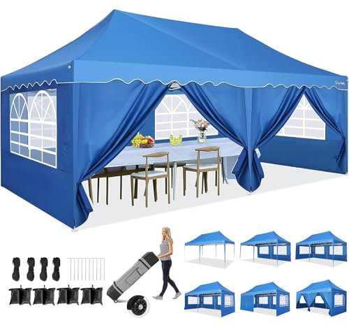 HOTEEL Gazebo Pop Up Gazebo 3m x 6m Marquee with 6 Sides, Tall Spacious Outdoor Gazebo with Wheeled Bag & 4 Sandbags, Easy Setup for Wedding, Patio Events, Party,Waterproof and UV50+ Protection, Blue