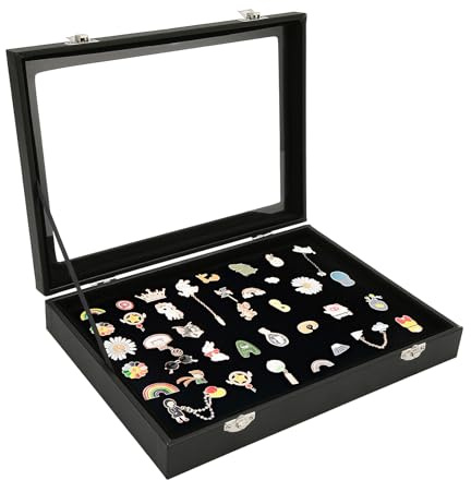 Cocoarm Pin-Vitrine, Abzeichen-Aufbewahrungsbox mit Schlossschnalle, Pin-Schmuck-Aufbewahrungsbox mit Transparentem Glasdeckel, Sammlungsrahmen-Etui für die Broschen-Schmuckkollektion (M)