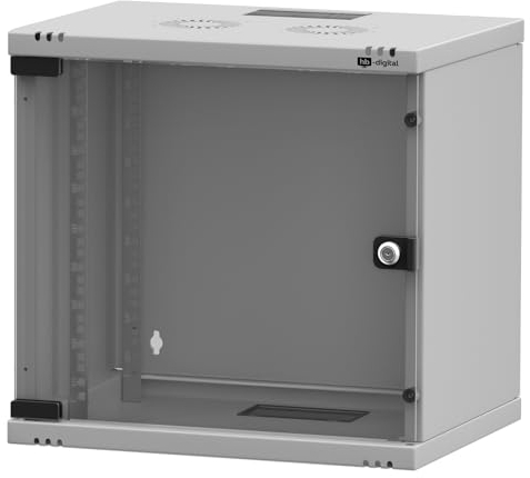 hb-digital Netzwerkschrank 19 Zoll 9HE Wandmontage mit Glastür - Sichttür Schloss Wandgehäuse für EDV Router Patchpanel - Traglast 60kg robust - Tiefe 400mm abschließbar mit Lüftung Unmontiert Grau