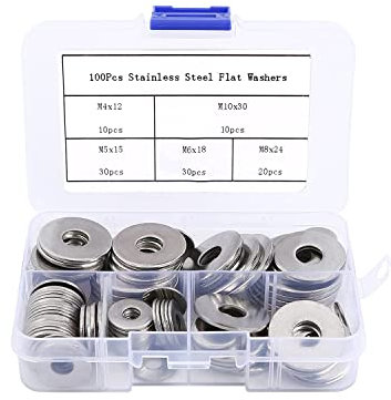 Mindwissup Juego de 100 arandelas planas de acero inoxidable, arandelas grandes OD 5 tamaños M4, M5, M6, M8, M10, espaciadores para tornillos, tuercas, varilla roscada