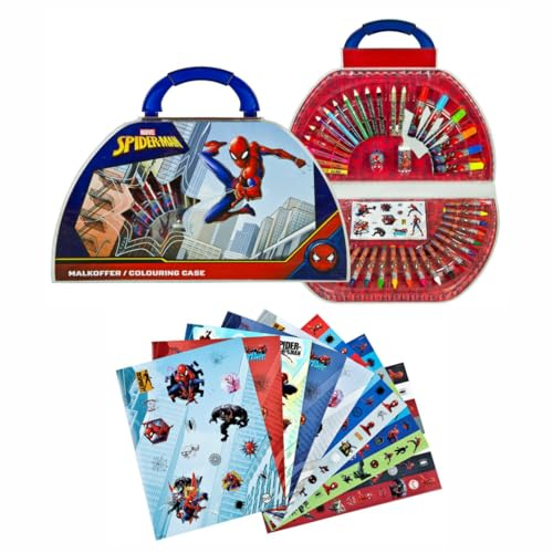 Undercover Malkoffer Spider-Man Kinder 51-tlg. mit Sticker Set – Malset mit Inhalt Stiften Malblock – Bastelkoffer Jungen mit Klebestickern Aufkleber