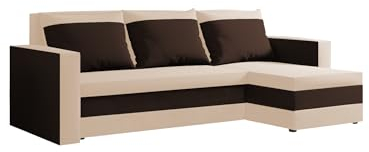 FORNIRO 24 Loft Ecksofa mit Schlaffunktion und Bettkasten - Sofa mit 3 Sitzen und Robustem Überzug - Universal Schlafcouch L-Form - Modern Couch - 225x130x75 cm - Creme-Braun