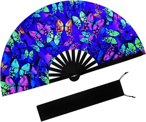 prario UV Glow Clack Handheld Fan with Fan Bag,Large Folding Hand Rave Fan,for Music Festivals,Carnival,Rainbow Outfits,Disco Party,Neon Party,Halloween,Burlesque,Drag Queen & Glow Party Decorations