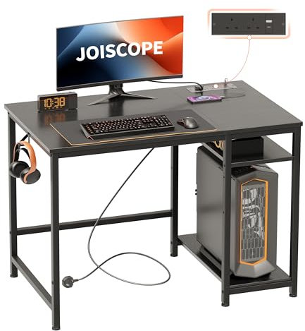 JOISCOPE Computer Desk - 100cm Black Gaming Desk with USB Outlets, Type-C Charging Port, Shelves and Headphone Hook for Study, Play, Work and Home Office