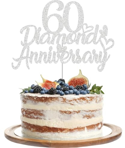 Gidobo 60th Diamond Anniversary Cake Toppers, Glittery Cake Decorations with Love Heart Pick for 60th Wedding Anniversary Party Supplies