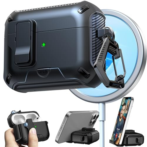 RFUNGUANGO Kompatibel mit AirPods Pro 2 Hülle, Kompatibel mit MagSafe Aufladen, Automatisches Aufklappen mit Sicherheitsverriegelungsclip,Mit Handyhalterfunktion,Schwarz