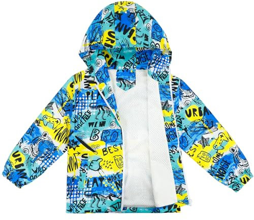 LACOFIA Veste Imperméable Enfant Garçon Veste Coupe Vent à Capuche Blouson de Pluie Léger Doublé de Maille pour Enfant Graffiti Bleu 7-8 ans