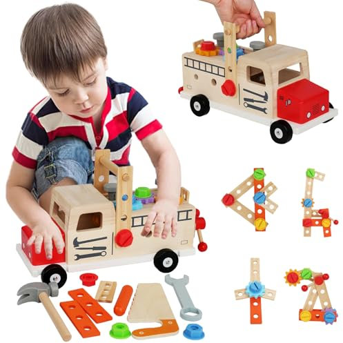 Chingcoo Werkzeugkoffer Kinder, Werkbank Holzspielzeug Werkzeugwagen, Kinderwerkzeug Montessori Spielzeug, Werkzeuggürtel Kinder Holzspielzeug Kinderwerkzeug Werkzeugwagen Geschenk Junge 2 3 4 Jahre