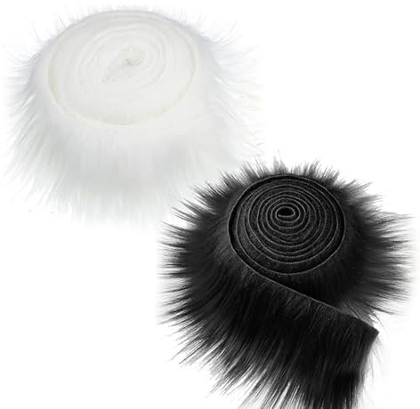 Furry Faux Precut Strips, 2 Stk 2x60 Zoll Kunstfell zum Basteln, Weiß Schwarz Langhaarplüsch Meterware, Plüsch Fell für Weihnachten Gnome Beard Santa Hair Dwarf DIY (Colors)