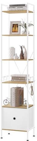 WOLTU Standregal mit 5 Ebenen, Bücherregal mit Schublade, stehendes Regal mit Metallrahmen, für Wohnzimmer Arbeitszimmer Homeoffice Schlafzimmer, modern, Helle Eiche + Weiß, RGB63whe