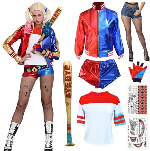 Capaneus Faschingskostüme Damen, Cosplay Kostüm Blau Rot mit Jacke, T-Shirt, Shorts, Handschuh, Tattoos, Netzstrümpfe Accessories für Damen Erwachsene Party Karneval Halloween Cosplay