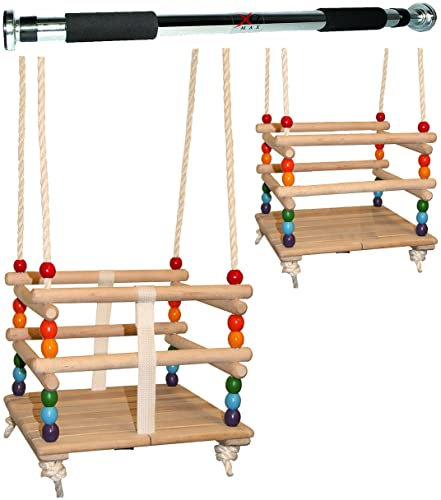 alles-meine.de GmbH 2 TLG. Set Babyschaukel/Kinderschaukel - mit abnehmbaren Gurt + Türreck - Leichter Einstieg ! - Gitterschaukel/Schaukel aus Holz - mitwachsend & verstel..