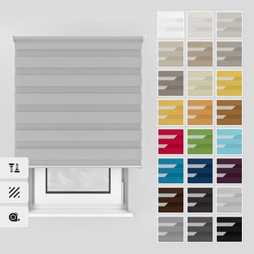 Estika Doppelrollo mit Bohren 55x150 cm Farbe: Hellgrau, Rollo Deckenmontage und Wandmontage Fenster rollos für innen, Jalousien Fenster, Tür Rollo