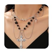 RYMAUP Perlenkreuz Perlenkette Gothic Choker Kruzifix Y2k Anhänger Halskette Silber Perlen Schmuck Grunge Schmuck für Damen und Mädchen