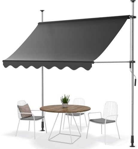 Markise Terrasse Klemmmarkise mit Handkurbel, 3m Balkonmarkise Ohne Bohren, UV-beständig Höhenverstellbar Wasserdicht, Sonnenschutz für Garten Veranda, Einfache Montage, Dunkelgrau