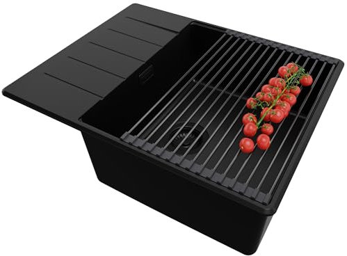 PRIMAGRAN Fregadero Cocina Todo Negro 62x50cm, Granito 1 Seno + Sifón + Enrollable Escurridor, Sobre encimera al mueble 50cm - Copenhague