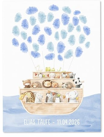 Gästebuch Taufe Gästebild Taufgeschenk personalisierte Leinwand für Fingerabdrücke Arche Noah Gästebuch alternative Geschenkidee Baum Geschenk Erinnerung 30x40 cm (OHNE Farbe)