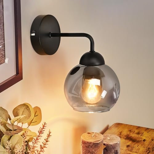 Kowanie Wandlampe innen Vintage Wandleuchte Glas: Schwarz Wandbeleuchtung Wohnzimmer Rauchglas E27 industrial Flurlampe Wand Kugel retro Bettlampe für Flur Schlafzimmer - Ohne Leuchtmittel