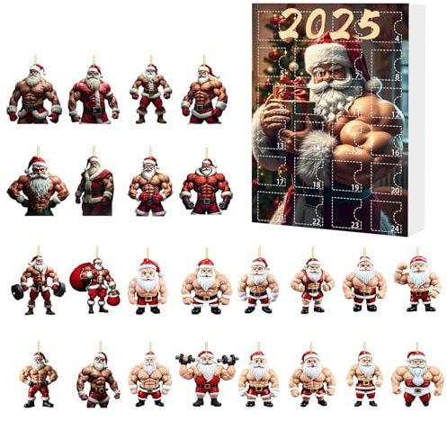 Bodybuilder Santa Adventskalender 2025, 24 Tage 2d Acryl Bodybuilder Santa Ornament Countdown Kalender für Weihnachtsbaumdekoration