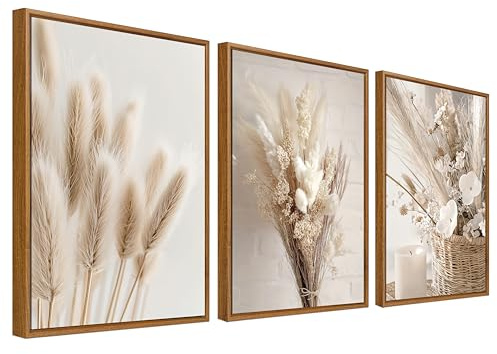 3Pcs Boho Beige Pampasgras Leinwand Bilder Set Mit Rahmen Wandposter Nordische Blume Salbei Getrocknete Gras Pflanzen Bild Wandbilder Wohnzimmer Schlafzimmer Wanddeko 30x40cm x3pcs (Ohne Acrylglas)