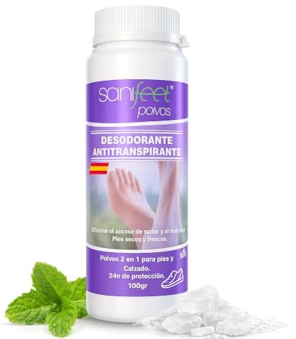 Sanifeet Polvos Desodorante para Pies y Calzado 100g Antitranspirante Natural con Talco Alumbre Óxido de Zinc y Menta – Elimina Mal Olor, Absorbe Sudoración, Refresca, para Zapatillas, Zapatos y Niños