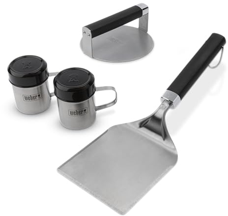 Weber Set per Smashed Burger, Composto da pressa, spatola e 2 spargitori per spezie, in Acciaio Inox – Argento (3401364)
