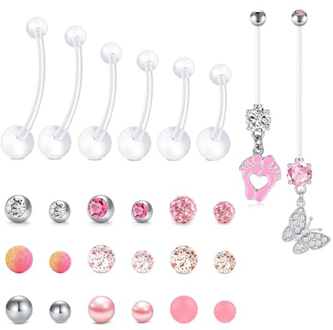 Longita Bauchnabelpiercing Schwangerschaft 14G UV Bioflex mit 12-38mm Länge Schwangerschaftspiercing Bauchnabel Piercing Flexibles & Verstellbares Nabelpiercing Hypoallergen für Schwangere