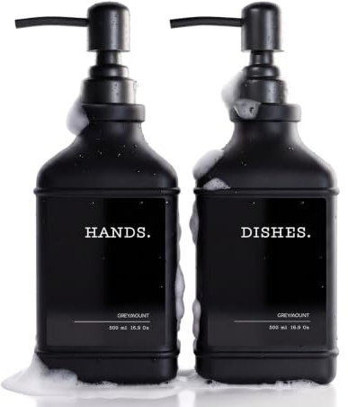 GREYMOUNT ® Glas-Seifenspender Set Schwarz - 2er Pack 500ml | Pumpspender Edelstahl für Flüssigseife | Spülmittelspender für Küche | Handseifenspender für Bad inkl. 6 wasserfeste Etiketten