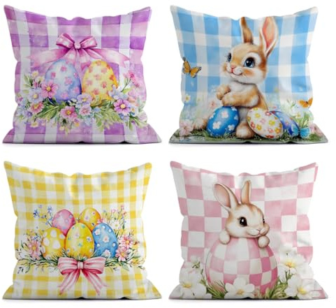 SEVENWELL Ostern Kissenbezüge 40x40 cm 4er Set Hasen Ostereier Karomuster | Frühlingsdeko für Sofa Couch Wohnzimmer Bauernhaus Heimdekoration