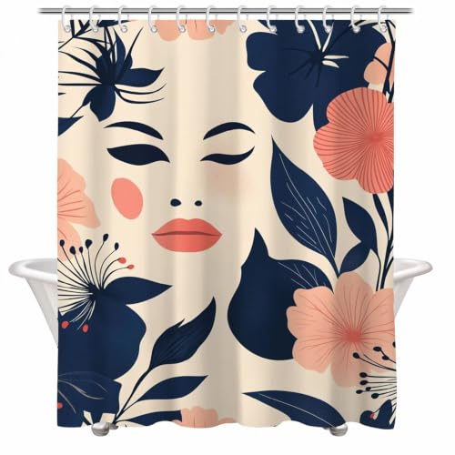 Rideau de Douche 140x180 cm Anti Moisissure Rideau Douche Marine Shower Curtain Rose Imperméable Tissu Polyester Lavable Séchage Rapide Shower Curtain avec Ourlet Inférieur Lesté et 12 Crochets 2Y#546
