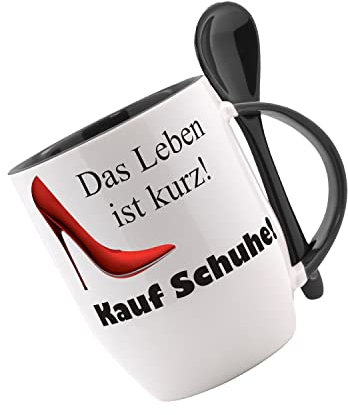 Tasse mit Löffel Das Leben ist kurz - kauf Schuhe Löffeltasse, Kaffeetasse mit Motiv,Bürotasse, bedruckte Tasse mit Sprüchen oder Bildern - auch individuelle Gestaltung nach Kundenwunsch