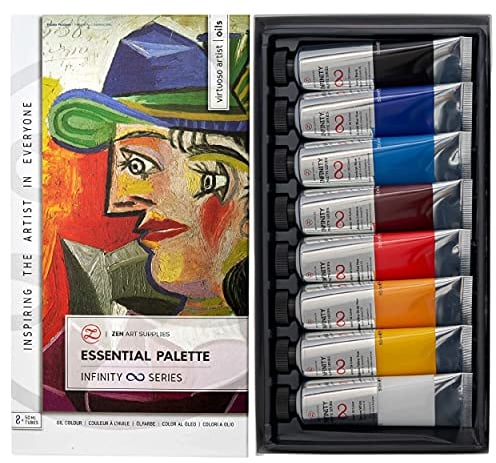 ZenART Peintures à l'Huile Professionnelles - 8 Tubes de 50 ml – Essential Palette pour Artiste, Écologique, Non Toxique, Résistante à la Lumière et Teneur en Pigments Exceptionnelle – Infinity Series