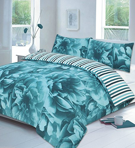 Night Zone Floral Duvet Cover Set King Size Kingsize Bed with Pillowcases Quilt Bedding Set Reversible Poly Cotton, Rose Teal