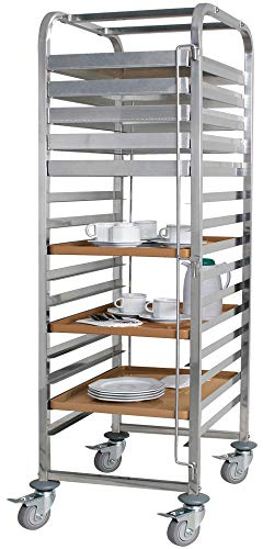 BRB Tablettwagen/Abräumwagen aus Edelstahl, für 15 Tabletts oder Backbleche, BxTxH 620x470x1735 mm, 4 Gummilenkrollen mit Feststellbremse