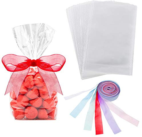 Hestya 50 Stücke 15 x 25 cm Klare Flache Cello Cellophan Treat Taschen Cellophan Block Boden Aufbewahrungsbeutel Süß/ Party/ Geschenk/ Haus Taschen mit Bunten Taschen Krawatten (Stil C)