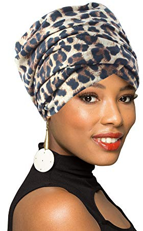 BOBIBI Turban-Kopfwickel, afrikanischer langer Schal, Turban-Schal, Boho-Stil, Kopftuch, Leoparden-Print, Einheitsgröße