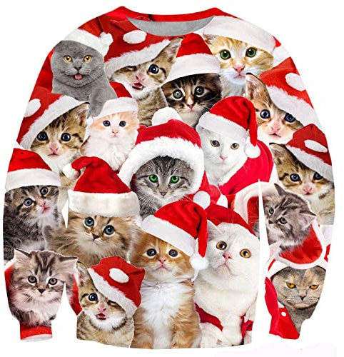 ALISISTER Hässliche Weihnachtspullover Neuheit Katze Elf Drucken Ugly Christmas Sweater Beiläufig Crewneck Weihnachten Pullover Sweatshirt für Mens Womens Party XL