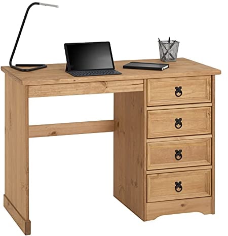 CARO-Möbel Schreibtisch Salsa im Mexiko Stil, eleganter Computertisch aus massiver Kiefer, Bürotisch mit Schubladen, gebeizt und gewachst