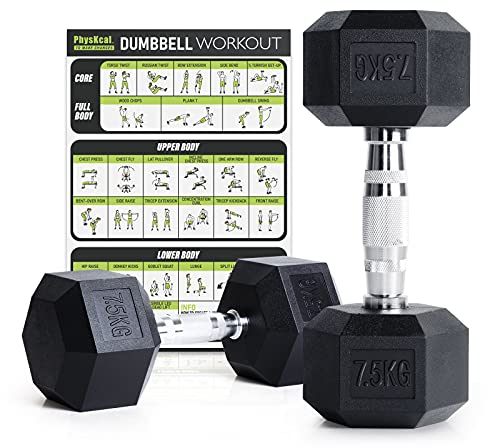 PhysKcal Hex Dumbbells Set 7.5kg Pair, Odourless Poly Rubber Encased Dumbbells 2.5KG 5KG 7.5KG 10KG 12.5KG 15KG 20KG Pair or Single Home Gym Weights Set, 2.5KG Pair