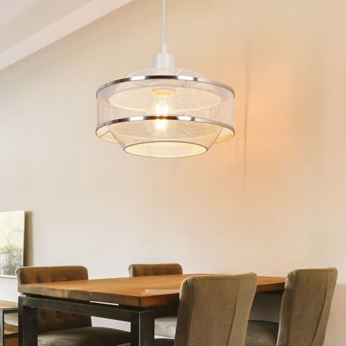 etc-shop Hängelampe Esstisch Retro Pendelleuchte Vintage Wohnzimmerlampe hängend, Metallgeflecht, weiß Chrom Ring, 1x E27, DxH 25x150 cm