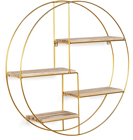 IDMarket - Rundes Wandregal, Lily mit 4 Ebenen, Holz und Metall, goldfarben, Industriedesign