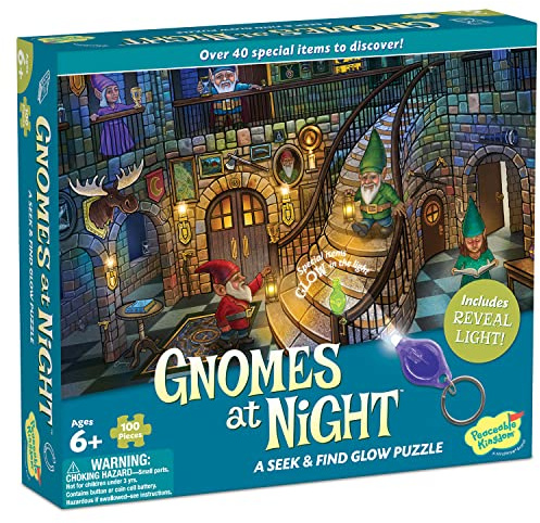 Peaceable Kingdom Gnomes at Night Puzzle – 100-Pc. Seek & Find Glow Puzzle for Kids Ages 6 & Up – Included Blacklight Reveals Hidden Items – Great for Home or Classrooms