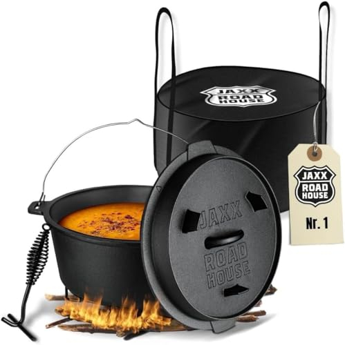 JAXX Lot de 2 fours néerlandais avec accessoires - 9 litres - Casserole en fonte pour feu ouvert, barbecue au gaz/charbon, four et tous feux dont induction - Avec lève-couvercle, soucoupe et sac