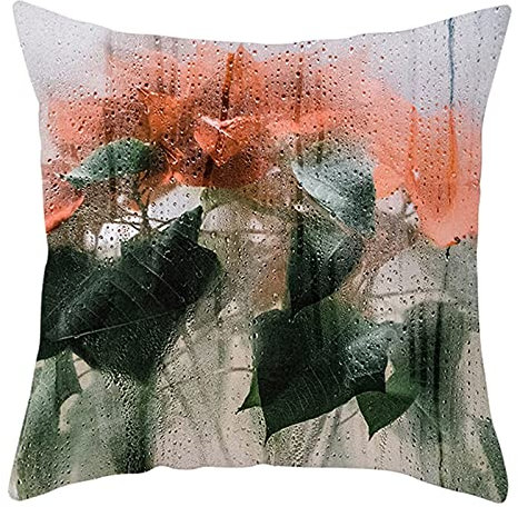 Lieson Kissenbezug Dekorativ, Kissenbezug 45x45 Deko 1 Stück Kissenbezüge Grün Orange Blume Blatt Hinter Glas, Polyester